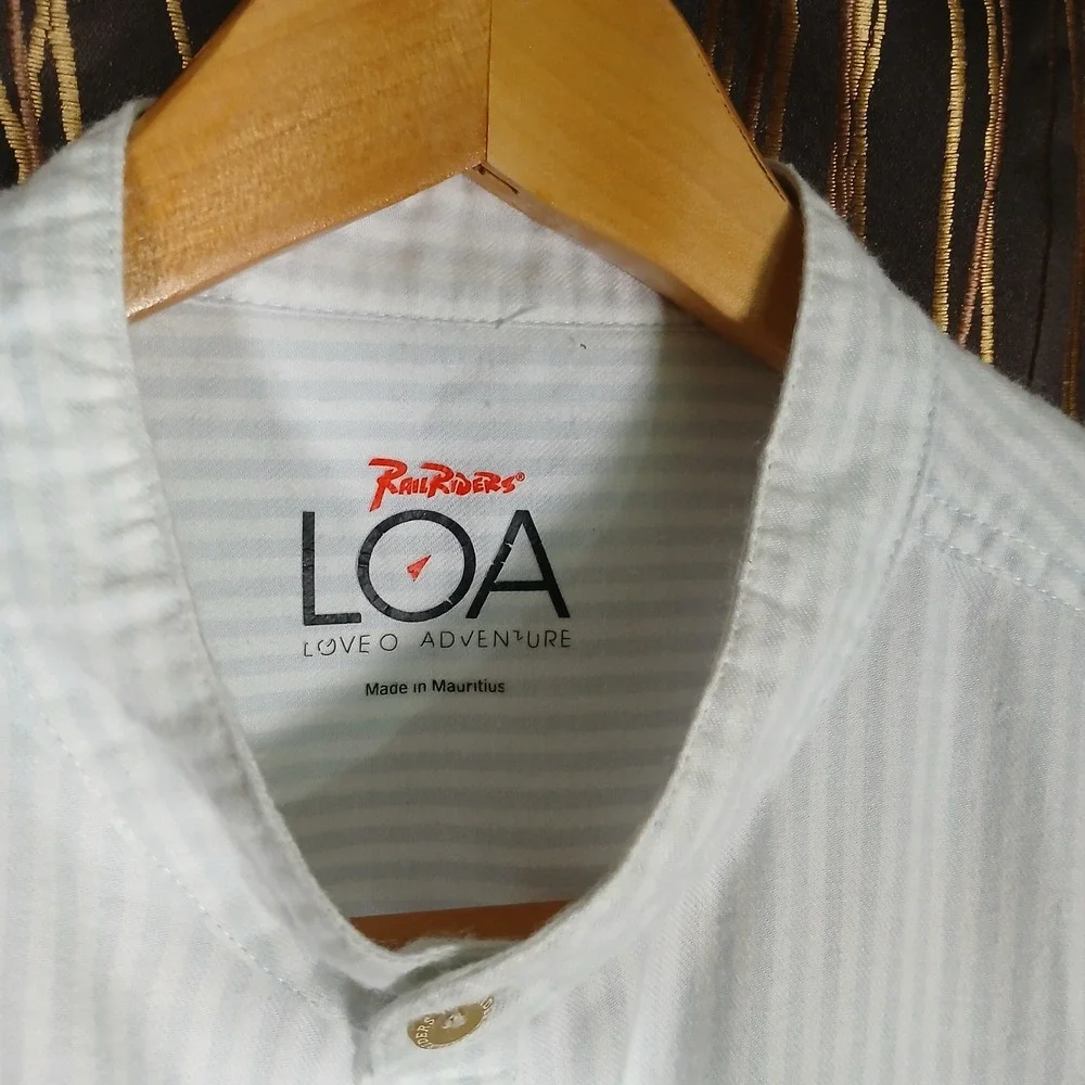 RailRiders LOA Henley Shirt Mens XL Blue White Stripe Band Collar RR-SPS